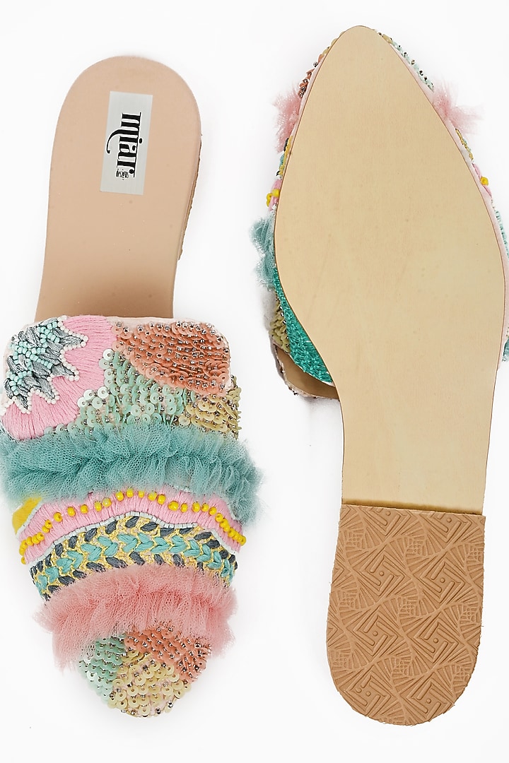 Blue & Pink Faux Leather Embroidered Mules by Miar Designs at Pernia's Pop Up Shop