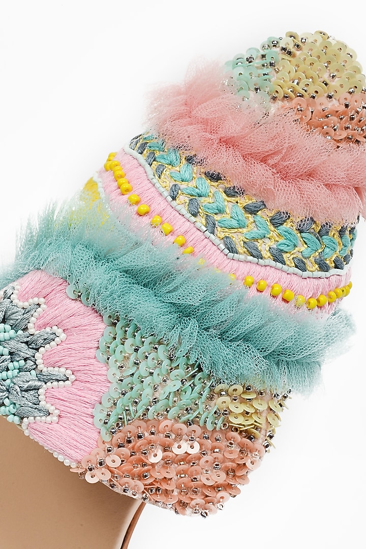 Blue & Pink Faux Leather Embroidered Mules by Miar Designs at Pernia's Pop Up Shop
