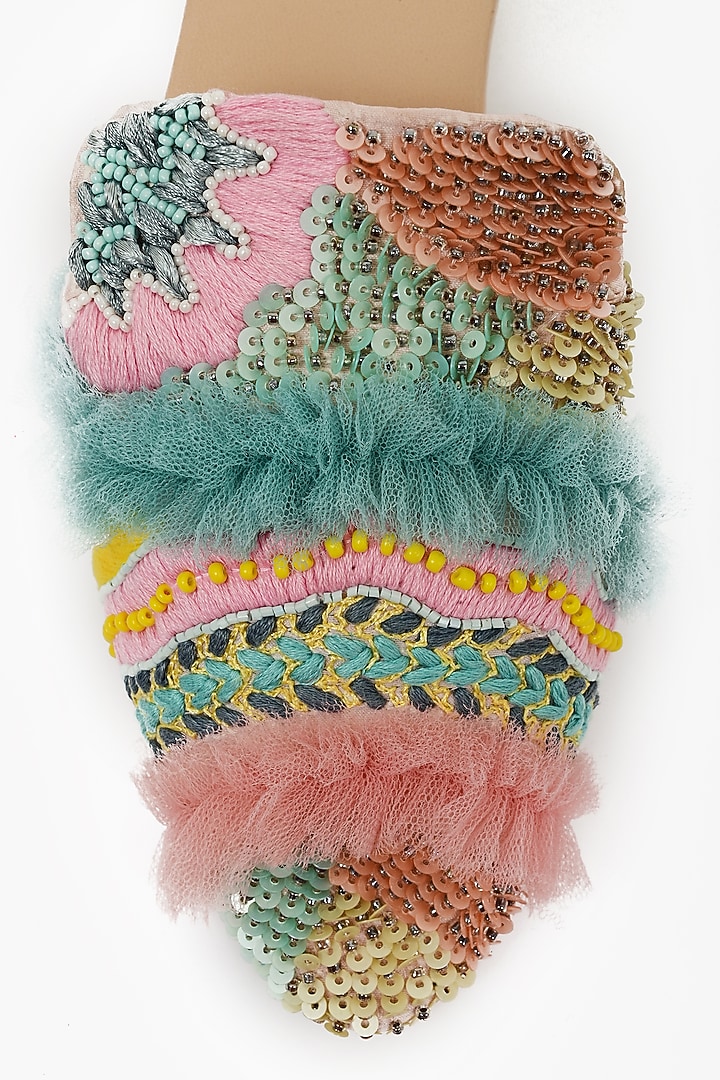 Blue & Pink Faux Leather Embroidered Mules by Miar Designs at Pernia's Pop Up Shop