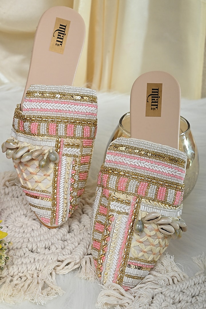 Ivory & Pink Faux Leather Hand Embroidered Mules by Miar Designs