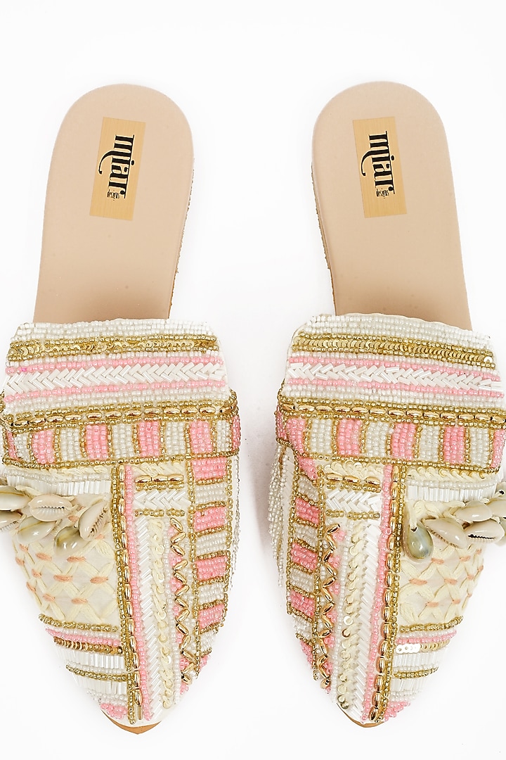 Ivory & Pink Faux Leather Hand Embroidered Mules by Miar Designs at Pernia's Pop Up Shop