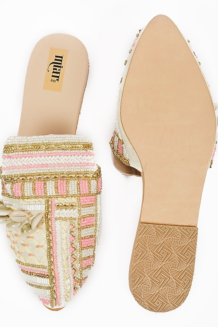 Ivory & Pink Faux Leather Hand Embroidered Mules by Miar Designs at Pernia's Pop Up Shop