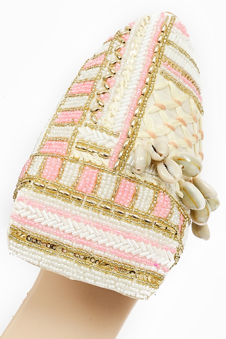 Ivory & Pink Faux Leather Hand Embroidered Mules by Miar Designs at Pernia's Pop Up Shop