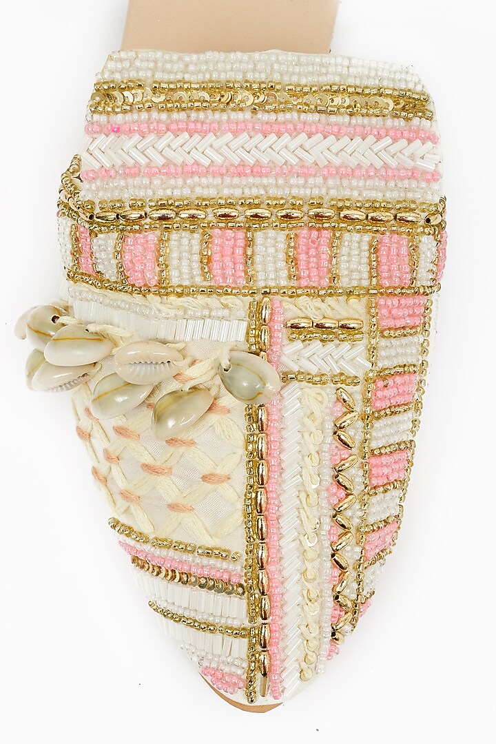 Ivory & Pink Faux Leather Hand Embroidered Mules by Miar Designs at Pernia's Pop Up Shop
