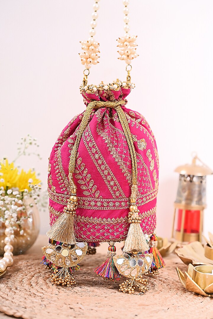 Pink Embroidered Potli by Miar Designs