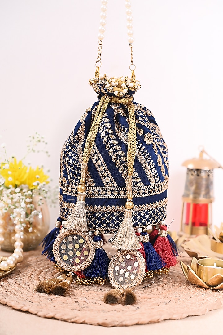 Blue Embroidered Potli by Miar Designs