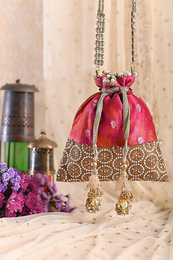 Pink Hand Embroidered Potli by Miar Designs