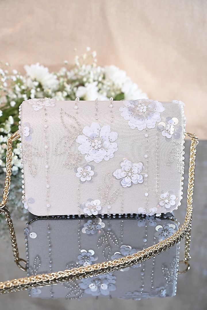 Pearl White Embroidered Sling Bag by Miar Designs