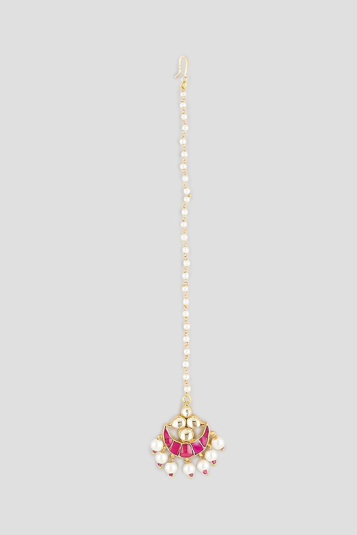 Gold Finish Pearl & Kundan Polki Maang Tikka  by Maisara Jewelry at Pernia's Pop Up Shop