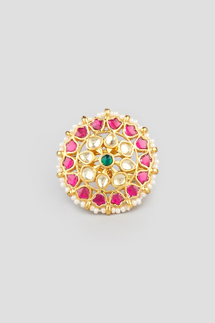 Gold Finish Kundan Polki & Pearl Ring by Maisara Jewelry at Pernia's Pop Up Shop