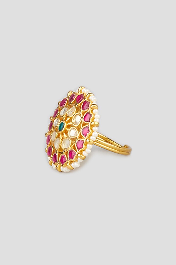 Gold Finish Kundan Polki & Pearl Ring by Maisara Jewelry at Pernia's Pop Up Shop
