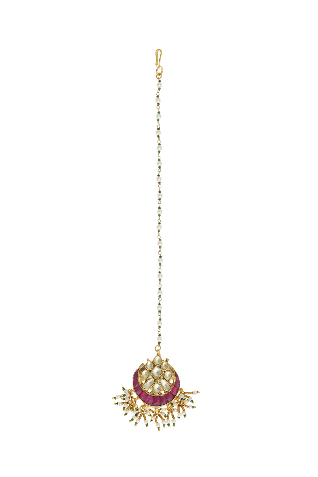 Gold Finish Pearl & Kundan Polki Maang Tikka by Maisara Jewelry