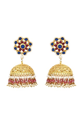 Gold Finish Beaded Jhumka Earrings In Copper by Maisara Jewelry