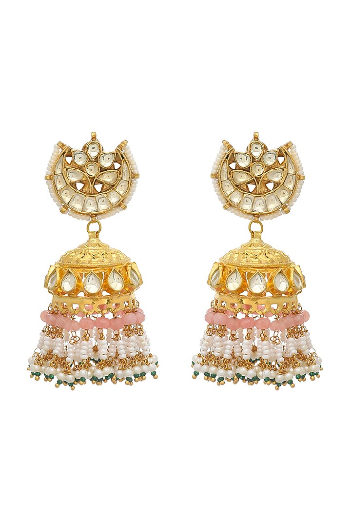 Gold Finish Beads & Kundan Polki Jhumka Earrings by Maisara Jewelry at Pernia's Pop Up Shop