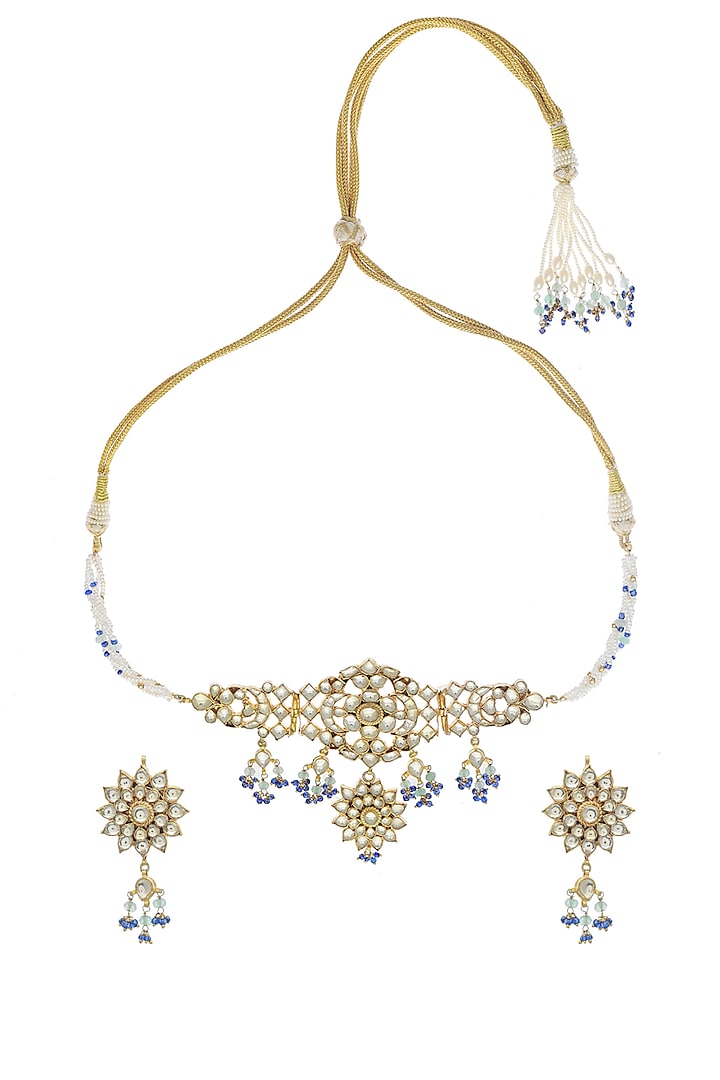 Gold Finish Sea Green Bead & Kundan Polki Choker Necklace Set by Maisara Jewelry