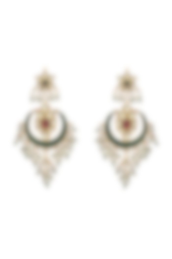 Gold Finish Green Kundan Polki & Pearl Dangler Earrings by Maisara Jewelry