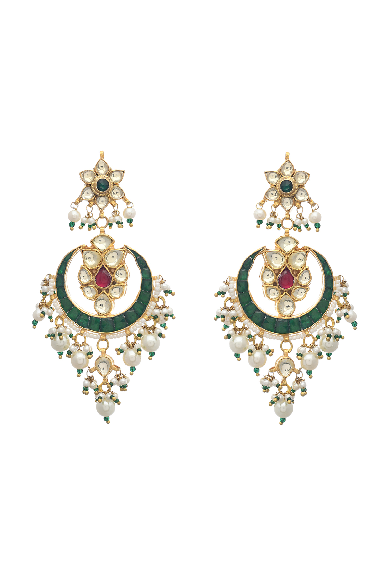 Gold Finish Green Kundan Polki & Pearl Dangler Earrings by Maisara Jewelry