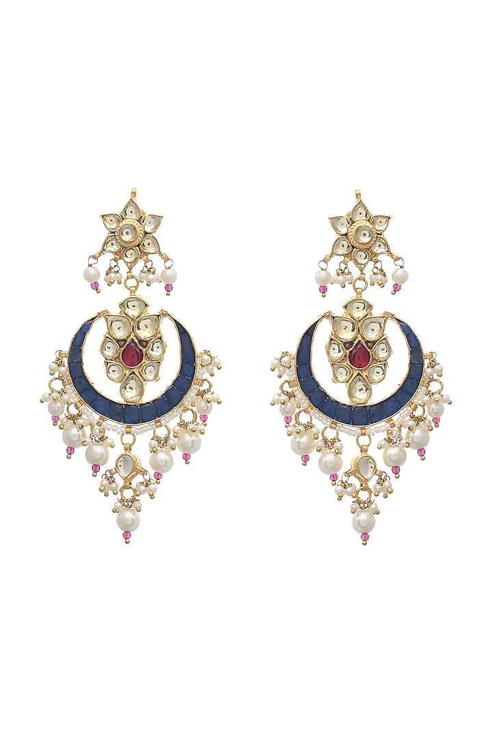 Gold Finish Indigo Kundan Polki & Pearl Dangler Earrings by Maisara Jewelry