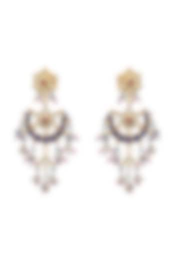 Gold Finish Indigo Kundan Polki & Pearl Dangler Earrings by Maisara Jewelry