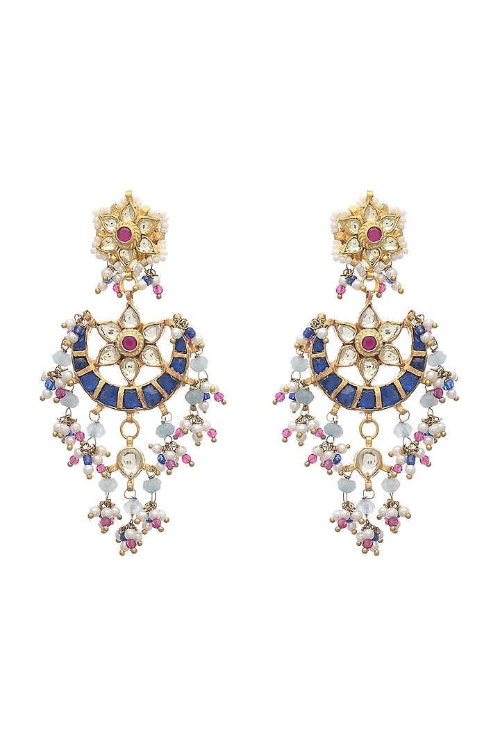 Gold Finish Indigo Kundan Polki & Pearl Dangler Earrings by Maisara Jewelry