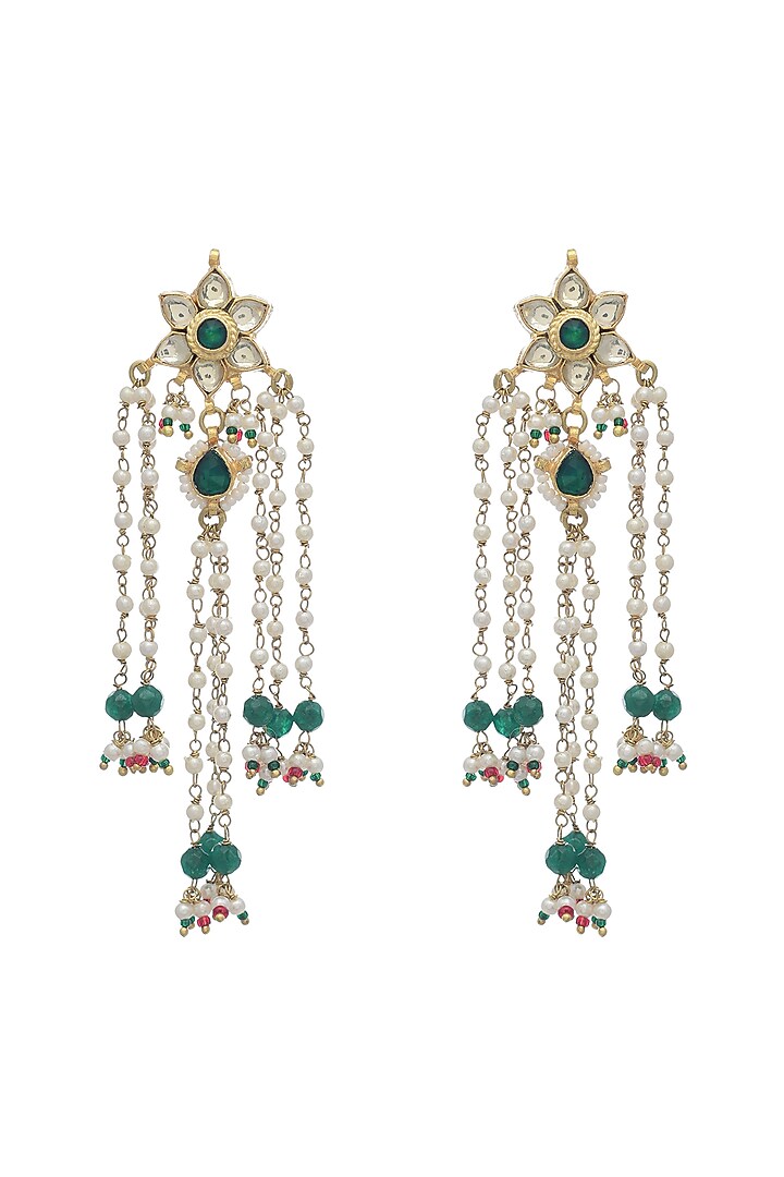 Gold Finish Green Kundan Polki & Pearl Dangler Earrings by Maisara Jewelry at Pernia's Pop Up Shop