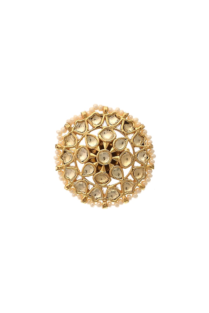 Gold Finish Pearl & Kundan Polki Ring by Maisara Jewelry at Pernia's Pop Up Shop