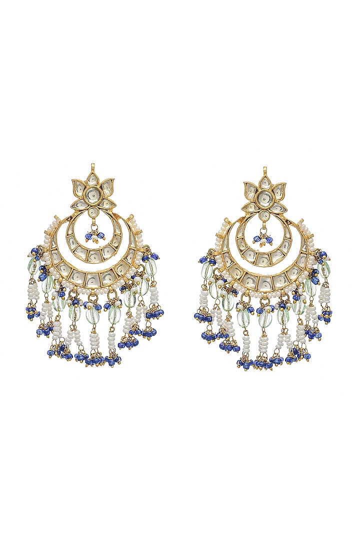 Gold Finish Kundan Polki & Pearl Bead Chandbali Earrings by Maisara Jewelry