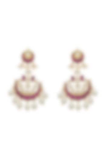 Gold Finish Red Kundan Polki & Pearl Bead Chandbali Earrings by Maisara Jewelry