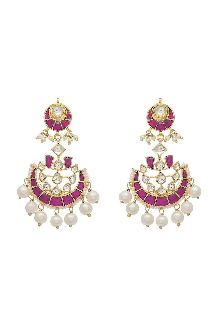 Gold Finish Red Kundan Polki & Pearl Bead Chandbali Earrings by Maisara Jewelry