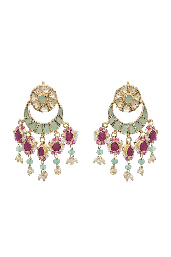 Gold Finish Aqua Kundan Polki & Pearl Dangler Earrings by Maisara Jewelry