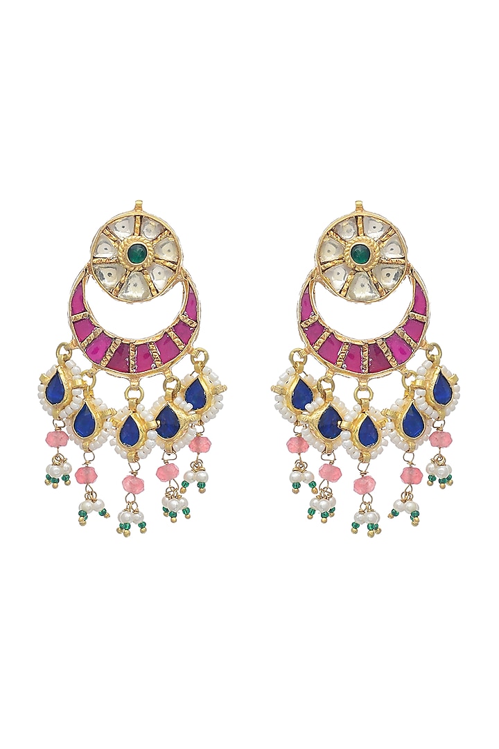 Gold Finish Multi-Colored Kundan Polki & Pearl Dangler Earrings by Maisara Jewelry