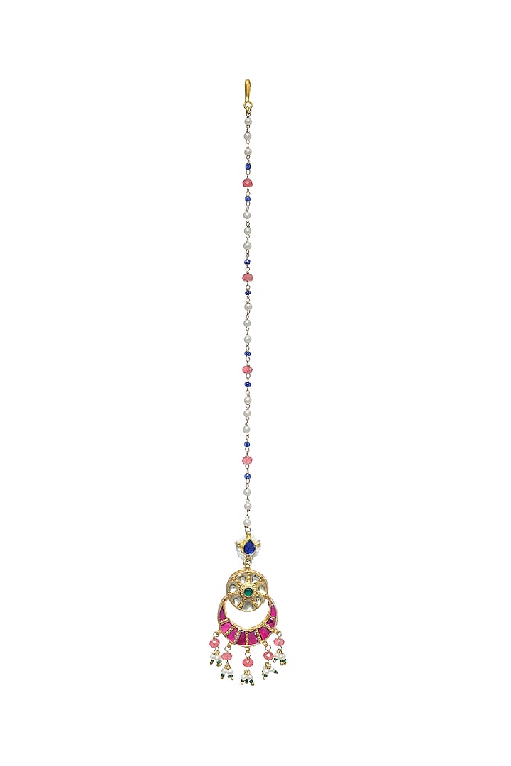 Gold Finish Multi-Colored Kundan Polki Maang Tikka by Maisara Jewelry