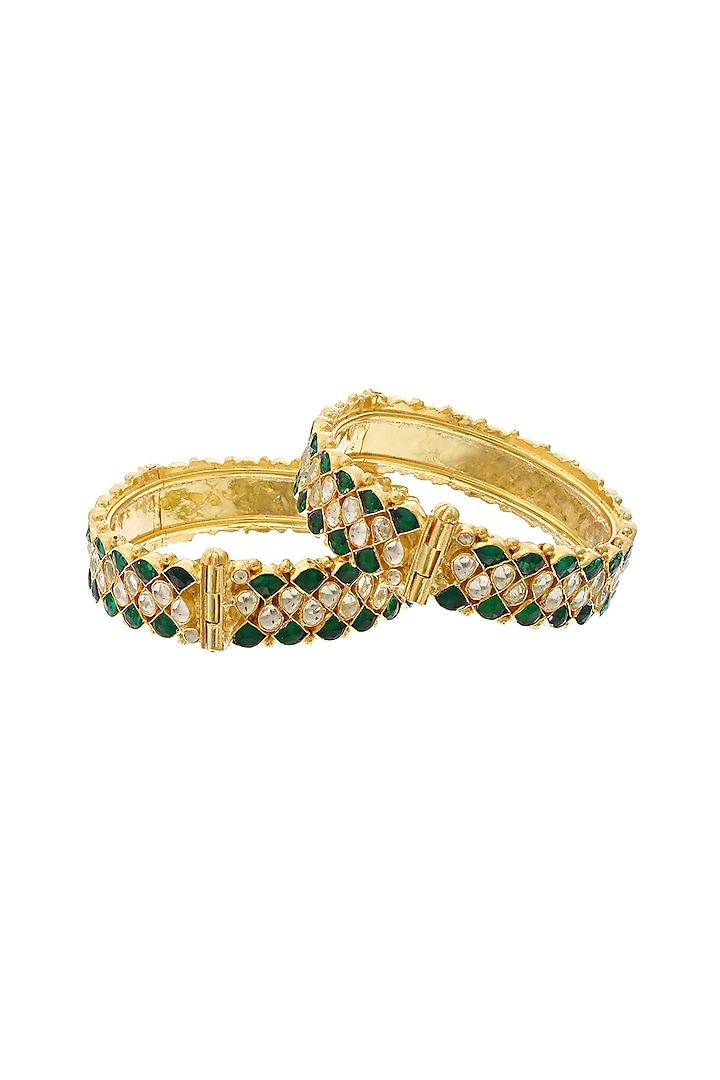 Gold Finish Green Kundan Polki Bangles (Set Of 2) by Maisara Jewelry