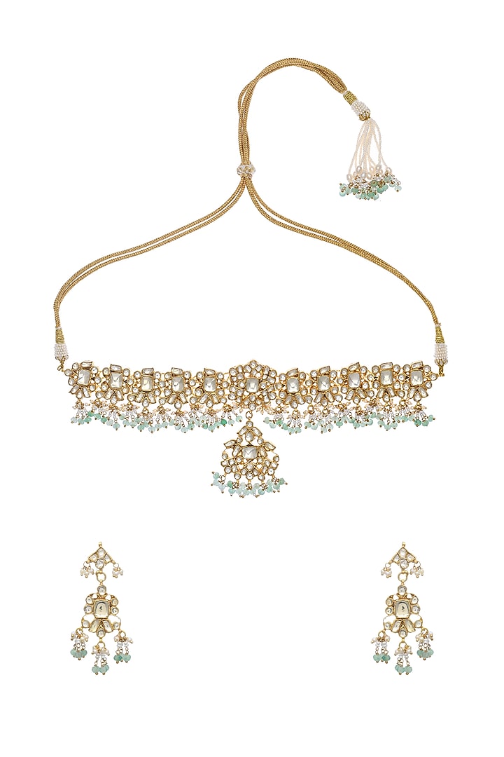 Gold Finish Kundan Polki Necklace Set by Maisara Jewelry at Pernia's Pop Up Shop