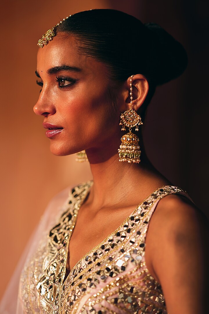 Gold Finish Mint Drop Jhumka Earrings by Maisara Jewelry at Pernia's Pop Up Shop