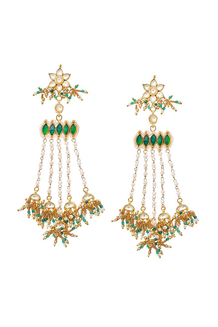 Gold Finish Green Spiral Stone Dangler Earrings by Maisara Jewelry at Pernia's Pop Up Shop