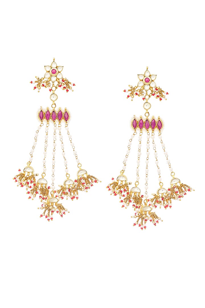 Gold Finish Rani Pink Spiral Stone Dangler Earrings by Maisara Jewelry at Pernia's Pop Up Shop