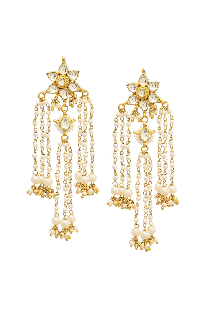 Gold Finish Kundan Polki Jadau Floral Dangler Earrings by Maisara Jewelry at Pernia's Pop Up Shop