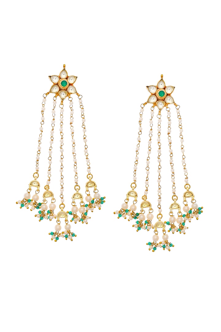 Gold Finish Green Kundan Polki Jadau Floral Dangler Earrings by Maisara Jewelry at Pernia's Pop Up Shop