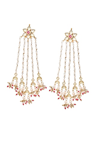 Gold Finish Rani Pink Kundan Polki Jadau Floral Dangler Earrings by Maisara Jewelry