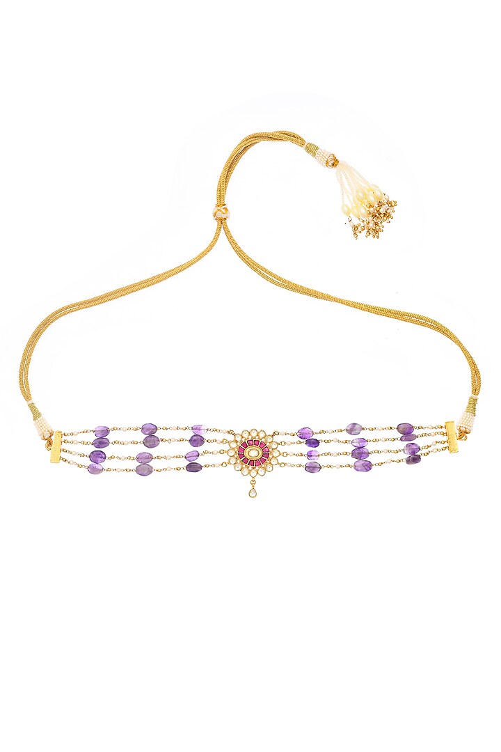 Gold Finish Pearl & Amethyst Stone Choker Necklace by Maisara Jewelry at Pernia's Pop Up Shop