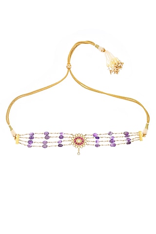Gold Finish Pearl & Amethyst Stone Choker Necklace by Maisara Jewelry