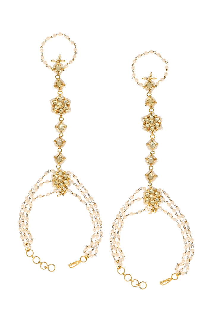 Gold Finish Kundan Polki Haath Phool (Set of 2) by Maisara Jewelry at Pernia's Pop Up Shop