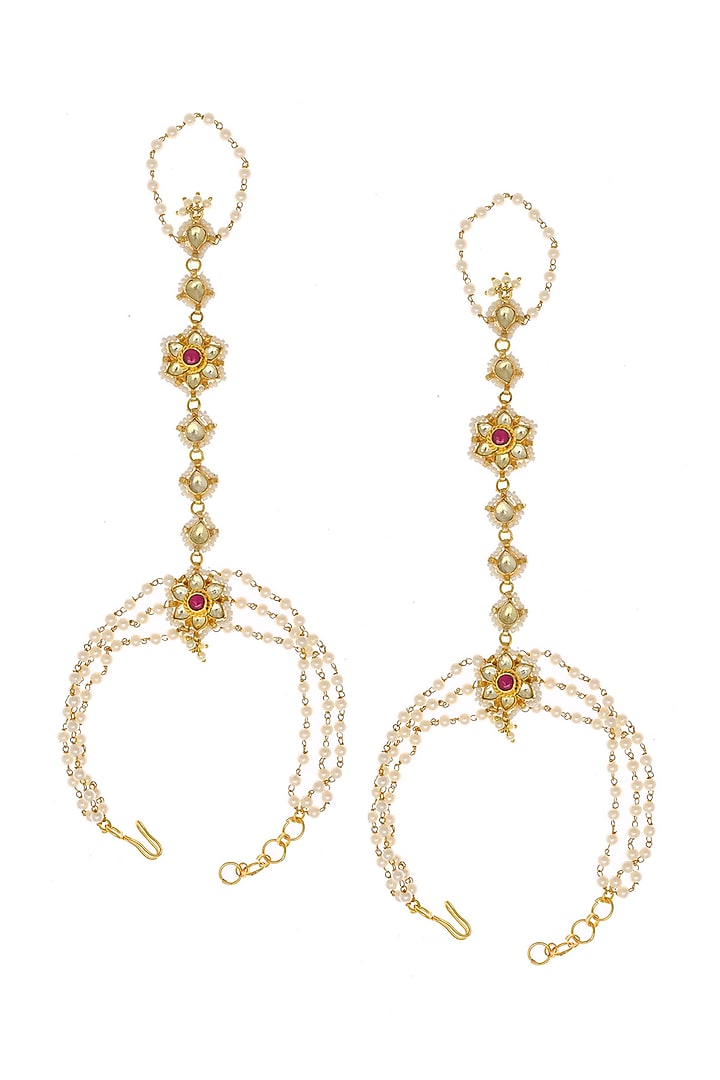 Gold Finish Kundan Haath Phool (Set of 2) by Maisara Jewelry at Pernia's Pop Up Shop