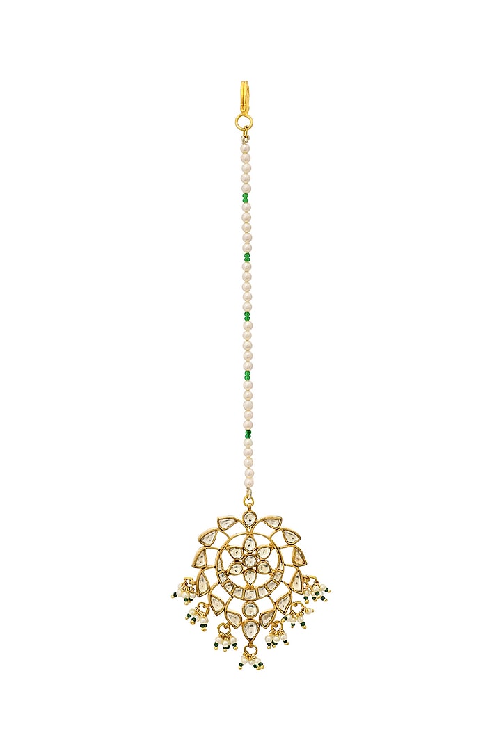 Gold Finish Kundan Polki & Pearls Maang Tikka by Maisara Jewelry