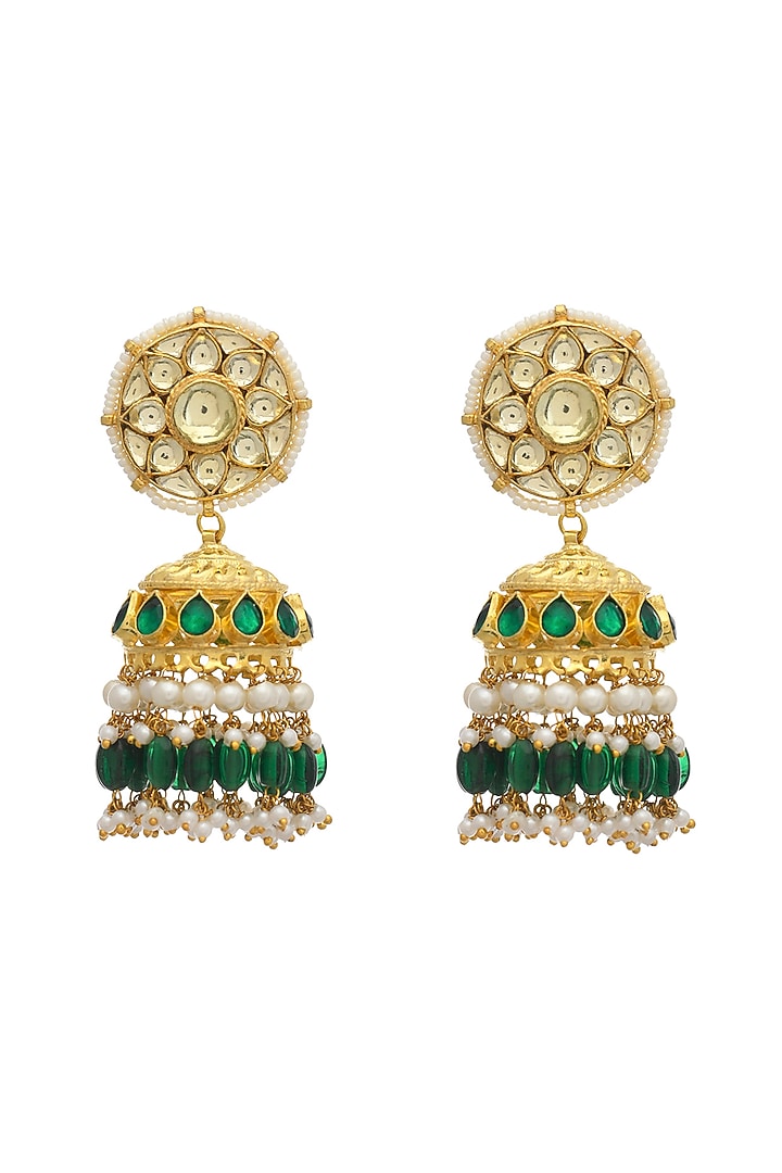 Gold Finish Kundan Polki Jhumka Earrings by Maisara Jewelry at Pernia's Pop Up Shop
