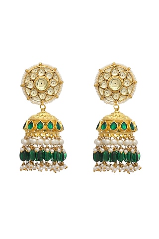 Gold Finish Kundan Polki Jhumka Earrings by Maisara Jewelry