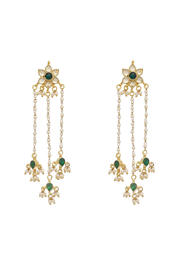 Gold Finish Layered Earrings With Green Stones by Maisara Jewelry at Pernia's Pop Up Shop