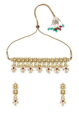 Gold Finish Kundan Polki Necklace Set by Maisara Jewelry