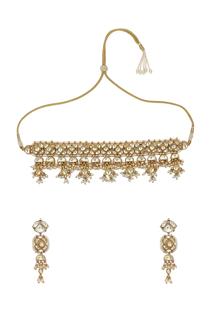 Gold Finish Kundan Polki Necklace Set by Maisara Jewelry at Pernia's Pop Up Shop
